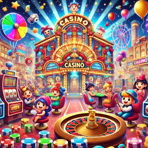 DALL·E 2024-12-02 22.45.09 - A vibrant cartoon-style illustration of a lively casino. The scene includes colorful slot machines, a roulette table, and cheerful animated characters